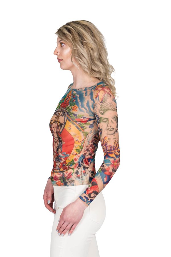 Ladies Prayer Buddha Yoga Meditation Lotus Koi Zen Blue Tattoo Mesh Shirt