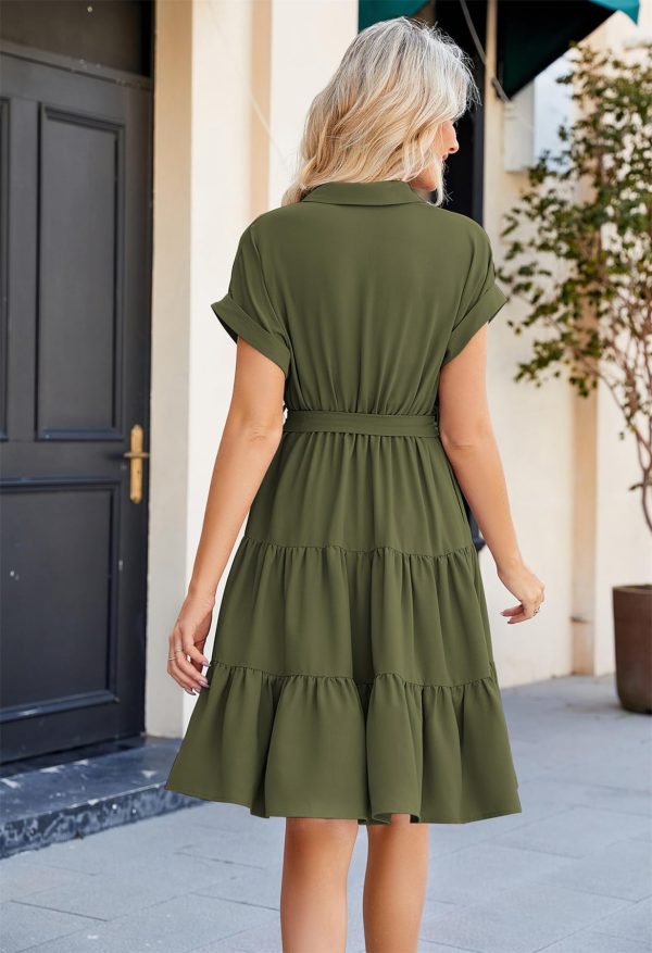 Women's Button Down Shirt Dress 2025 Casual Work Summer Collared V Neck Elastic Waist Flowy Pocket Beach Sundress