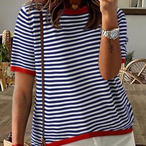 Womens Tops Casual Summer Crewneck Short Sleeve Striped Color Block Knit High Low Trendy Pullover Sweaters