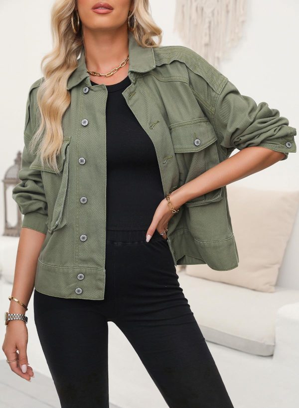 Women's Cargo Jean Jacket - Cropped Button Spring Fashion Coat for Women