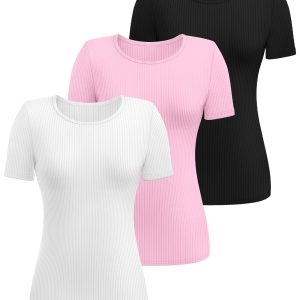 3 Pack Women's Ribbed T-Shirts, Cotton Short Sleeve Basic Tees Crewneck Fitted Tops Casual Shirts 2025 Summer Trendy