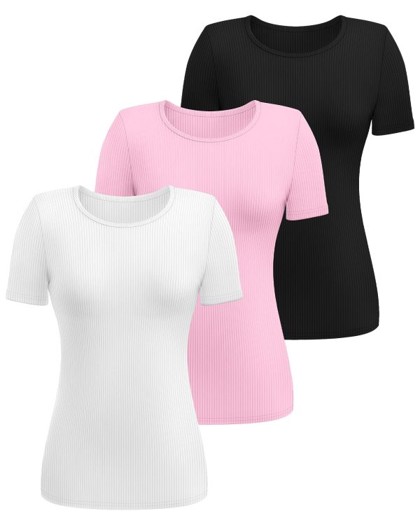 71JegekOz3L.jpg 3 Pack Women's Ribbed T-Shirts, Cotton Short Sleeve Basic Tees Crewneck Fitted Tops Casual Shirts 2025 Summer Trendy