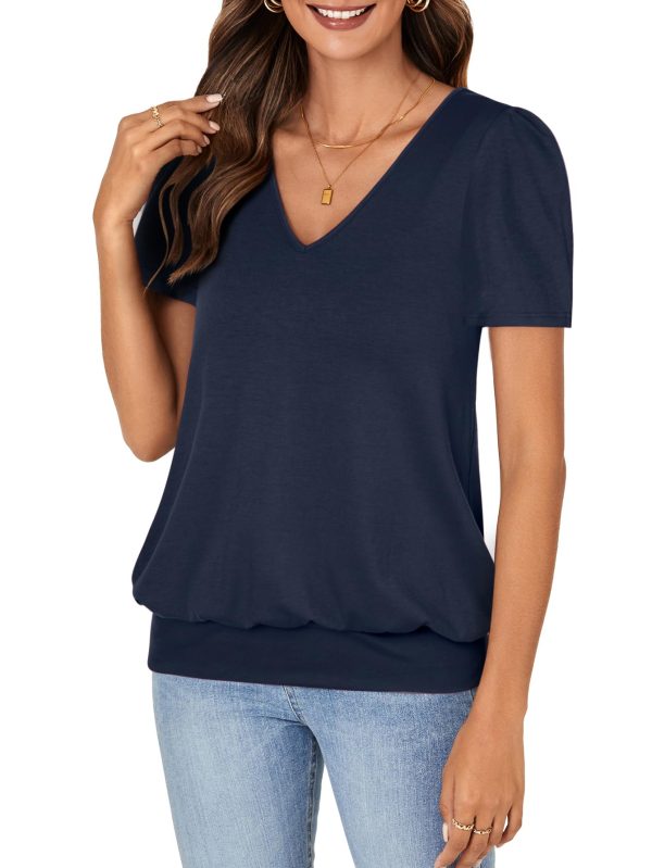 Women’s Casual Short Sleeve V Neck T Shirt Summer Banded Bottom Loose Fit Tunic Tee Shirt Top