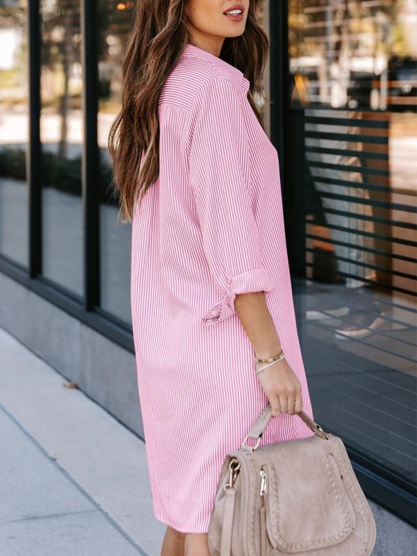 Womens Button Down Shirt Dresses with Pockets Cotton Striped Shirts Collared Tunics Long Sleeve High Low Blouse Tops