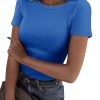 71MEVfr8rbL.jpg Women Crew Neck Ribbed Fitted Tight Tshirt Short Sleeve Shirt Basic Knit Top
