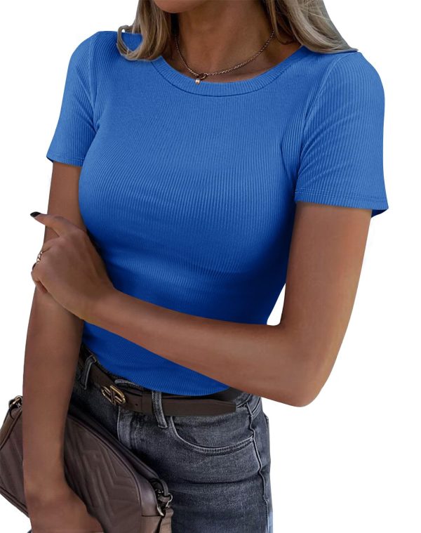 71MEVfr8rbL.jpg Women Crew Neck Ribbed Fitted Tight Tshirt Short Sleeve Shirt Basic Knit Top