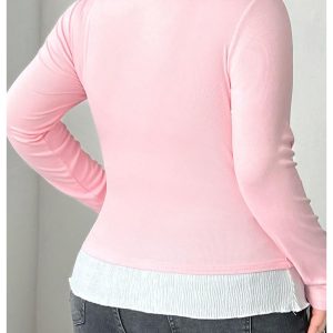 Women's Plus Size Long Sleeve T-Shirts 2 in 1 Tie Front Fitted Tee Tops Coquette Aesthetic Clothes