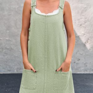 Women's Sleeveless Casual Denim Dress Crewneck Vintage Loose Jean Overall Dress with Pockets