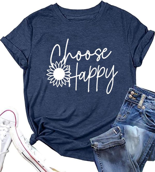 Graphic Tees for Women Choose Happy Letter Print Shirts Sunflower Women T Shirt Inspirational Short Sleeve Casual Tops