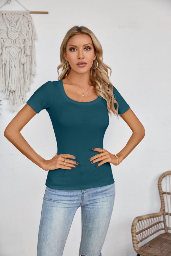 Womens Summer Short Sleeve Tops Square Neck Ribbed Slim Fitted Shirts Casual Tee Tshirt