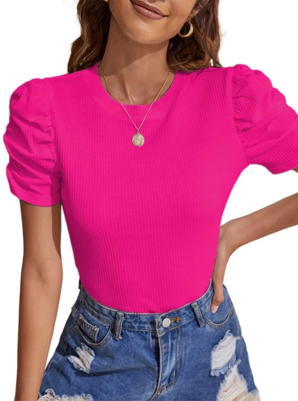 Women's Casual Puff Short Sleeve Top Crewneck Solid Slim Fit T Shirt Blouse