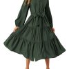 Womens Dresses 2025 Fall Long Sleeve Midi Dress Casual V Neck Button Down Tiered Flowy Aline Tie Waist Shirt Dress