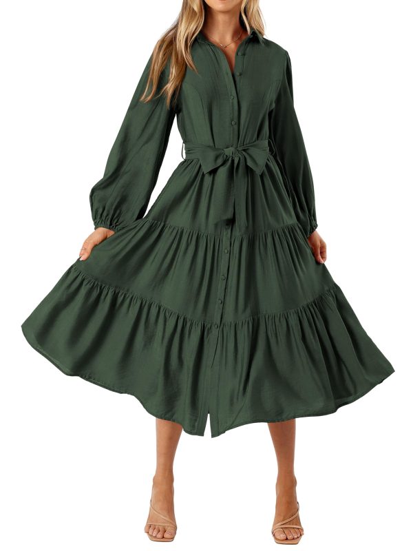 Womens Dresses 2025 Fall Long Sleeve Midi Dress Casual V Neck Button Down Tiered Flowy Aline Tie Waist Shirt Dress