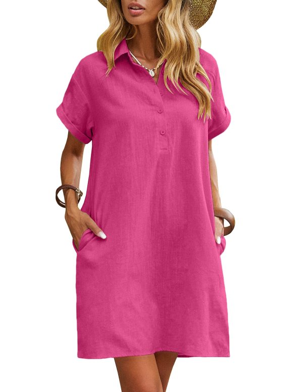 Womens Cotton Shirt Dress Summer Casual Short Sleeve Button Down Beach Cover Up Shirts with Pockets