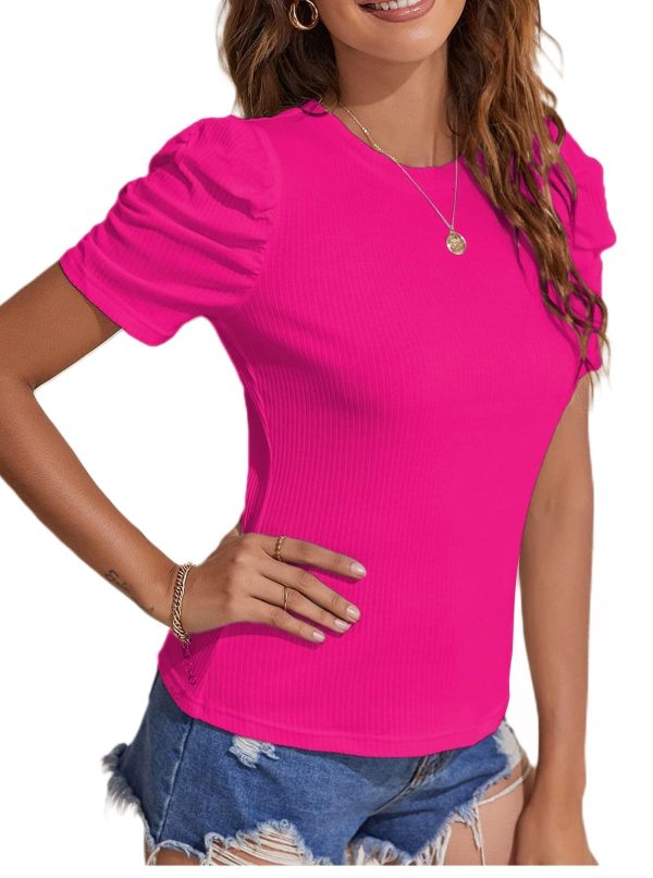 Women's Casual Puff Short Sleeve Top Crewneck Solid Slim Fit T Shirt Blouse