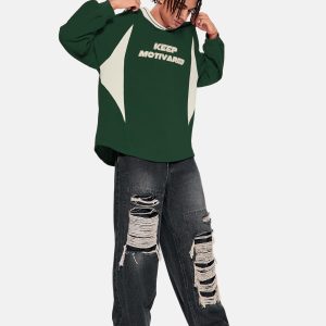 Patchwork Crewneck Sweatshirt Oversized Vintage Letter Long Sleeve T-Shirt Graphic Top for Men Streetwear