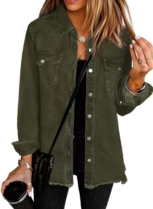 Womens Oversized Button Down Frayed Hem Denim Shacket Casual Long Sleeve Jean Jackets 2025 Spring Outfits