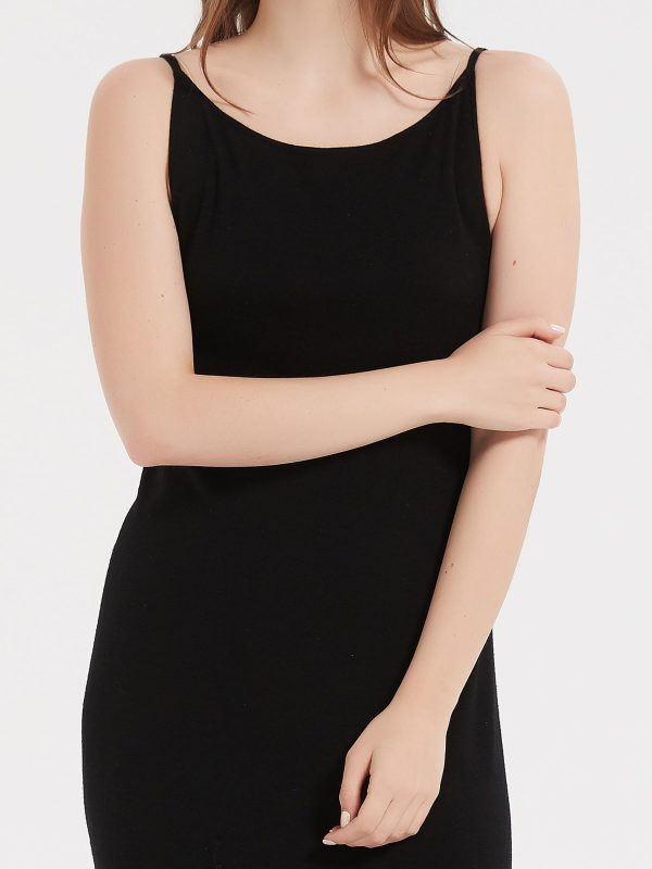 100% Merino Wool Women’s Casual Sleeveless Boat Neck Spaghetti Strap Bodycon Maxi Dress Black Long Dresses