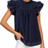 Casual Summer Tops for Women 2025 Short Ruffle Sleeves Shirts Crew Neck Hollow Out Lace Embroidered Blouses