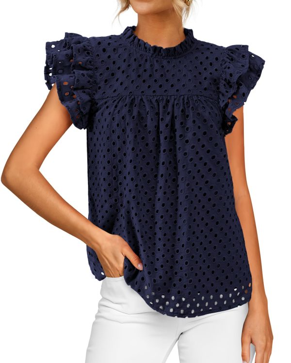 Casual Summer Tops for Women 2025 Short Ruffle Sleeves Shirts Crew Neck Hollow Out Lace Embroidered Blouses