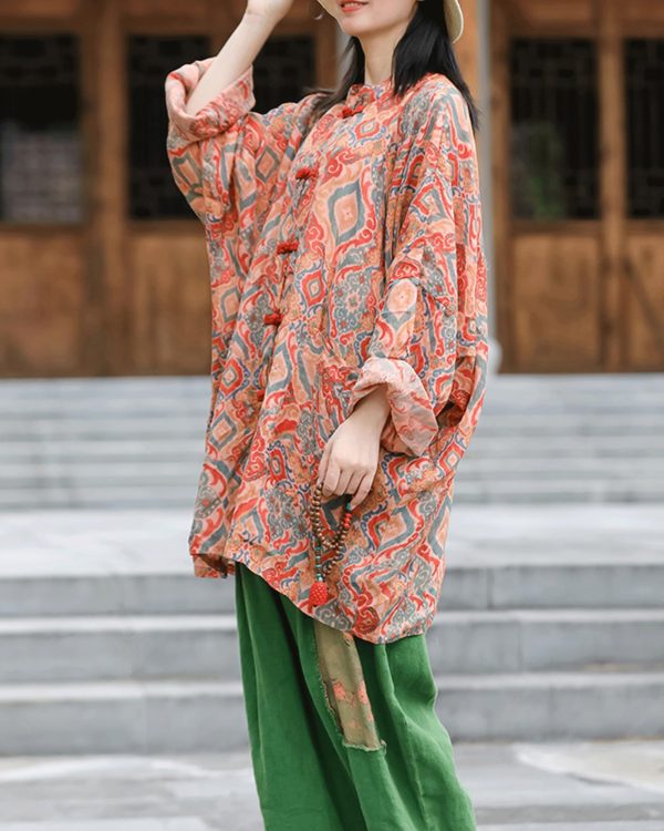 Women's Loose Printed Shirt Vintage Bohemian Long Sleeve Beach Pocket Chinese Plate Button Ramie Lightweight Shirt