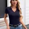 Womens Short Sleeve Shirts Lapel Collared V Neck Slim Fitted Ribbed Knit Tight Polo Tops
