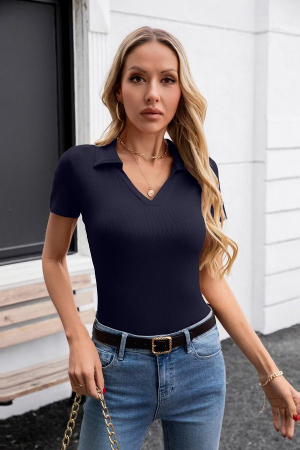 Womens Short Sleeve Shirts Lapel Collared V Neck Slim Fitted Ribbed Knit Tight Polo Tops