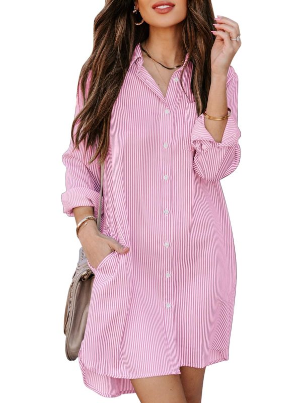 Womens Button Down Shirt Dresses with Pockets Cotton Striped Shirts Collared Tunics Long Sleeve High Low Blouse Tops