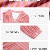 Womens Puff Sleeve Tops Striped Blouses Dressy Casual Mandarin Collar Shirt 3/4 Sleeve Tshirt