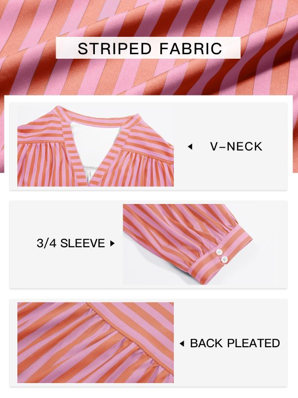Womens Puff Sleeve Tops Striped Blouses Dressy Casual Mandarin Collar Shirt 3/4 Sleeve Tshirt