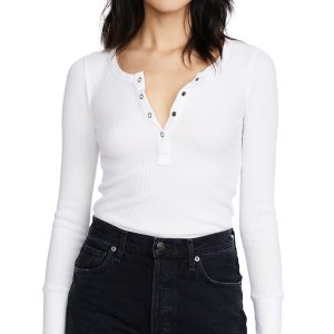 Women's Long Sleeve Thermal Henley Shirt | Cozy Pima Cotton Blend | White | 2X-Large