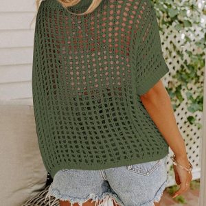 Womens Summer Scoop Neck Short Sleeve Sweater Casual Crochet Hollow Out Knit Tops Pullover Shirts Beach Coverup