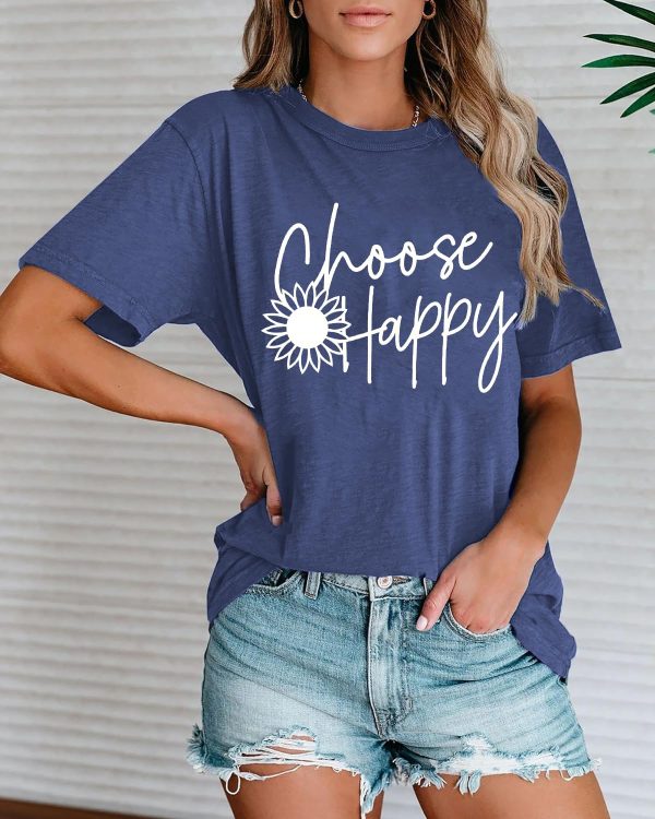Graphic Tees for Women Choose Happy Letter Print Shirts Sunflower Women T Shirt Inspirational Short Sleeve Casual Tops