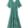 Women's Lace Maxi Dress Short Sleeve V Neck Party Dress Smocked Waist Boho Maxi Dress Bohemian Dress for Women
