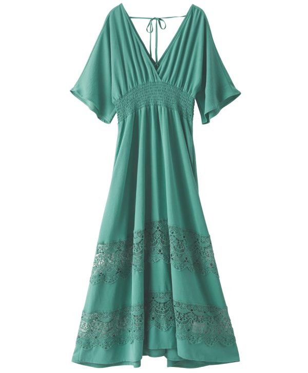 Women's Lace Maxi Dress Short Sleeve V Neck Party Dress Smocked Waist Boho Maxi Dress Bohemian Dress for Women