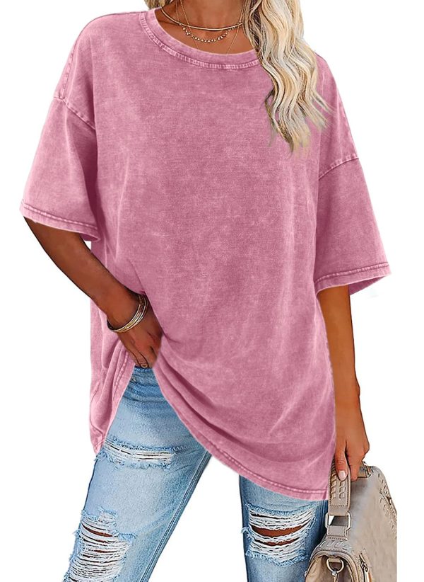 Womens Oversized T Shirts Vintage Cotton Tees Crewneck Short Sleeve Washed Summer Tunic Tops