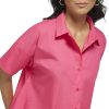Women's Poplin Hi Lo Short Sleeve Button Down Blouse