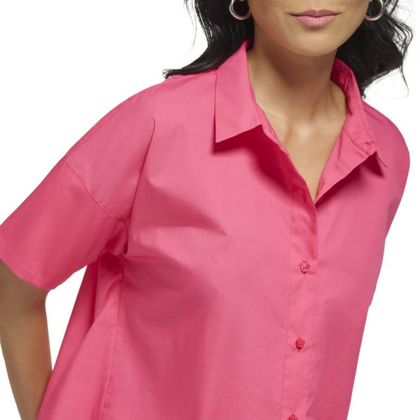 Women's Poplin Hi Lo Short Sleeve Button Down Blouse