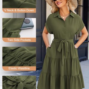 Women's Button Down Shirt Dress 2025 Casual Work Summer Collared V Neck Elastic Waist Flowy Pocket Beach Sundress