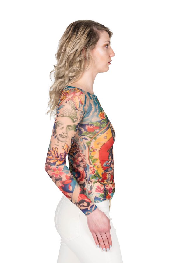Ladies Prayer Buddha Yoga Meditation Lotus Koi Zen Blue Tattoo Mesh Shirt