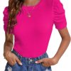 Women's Casual Puff Short Sleeve Top Crewneck Solid Slim Fit T Shirt Blouse