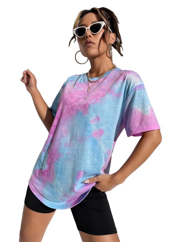 Women's Tie Dye Shirt Short Sleeve Round Neck Tees Casual T Shirts Summer Tops