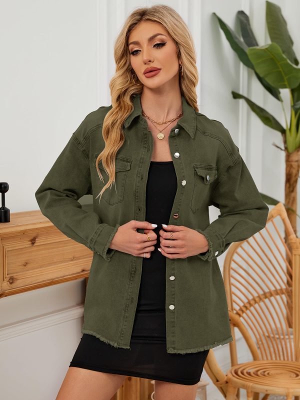 Womens Oversized Button Down Frayed Hem Denim Shacket Casual Long Sleeve Jean Jackets 2025 Spring Outfits