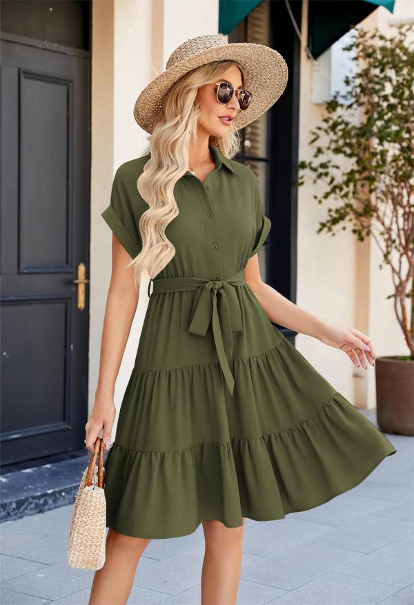 Women's Button Down Shirt Dress 2025 Casual Work Summer Collared V Neck Elastic Waist Flowy Pocket Beach Sundress
