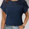 Women's Tops Casual Scoop Neck Short Sleeve Waffle Knit Hollow Out Shirts Loose Tunic Tops Blouses