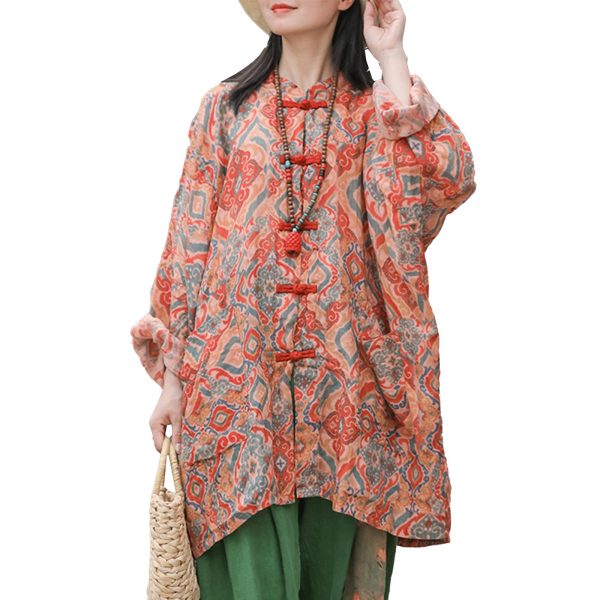 Women's Loose Printed Shirt Vintage Bohemian Long Sleeve Beach Pocket Chinese Plate Button Ramie Lightweight Shirt