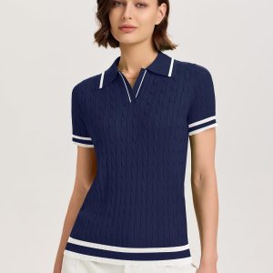 Womens Short Sleeve Sweater Tops Lapel V Neck Polo Shirts 2025 Summer Cable Knit Blouses Business Casual Outfits