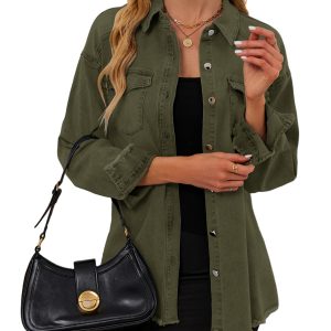 Womens Oversized Button Down Frayed Hem Denim Shacket Casual Long Sleeve Jean Jackets 2025 Spring Outfits