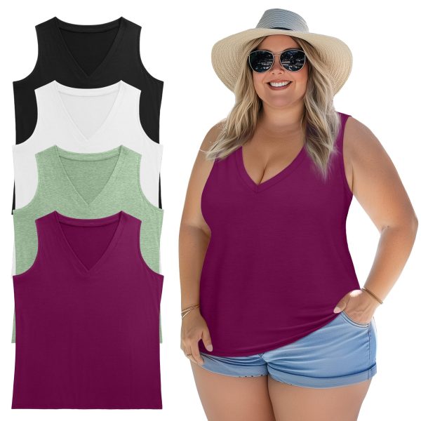 4 Pack Women's Plus Size Tank Tops, Cotton Blend Casual V Neck Sleeveless Shirts Ladies Flowy Dressy Tunics Work Tees