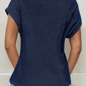 Women's Tops Casual Scoop Neck Short Sleeve Waffle Knit Hollow Out Shirts Loose Tunic Tops Blouses